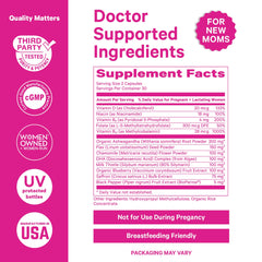 Ingredients panel of Pink Stork Postpartum Mood Support shows DHA and B vitamins