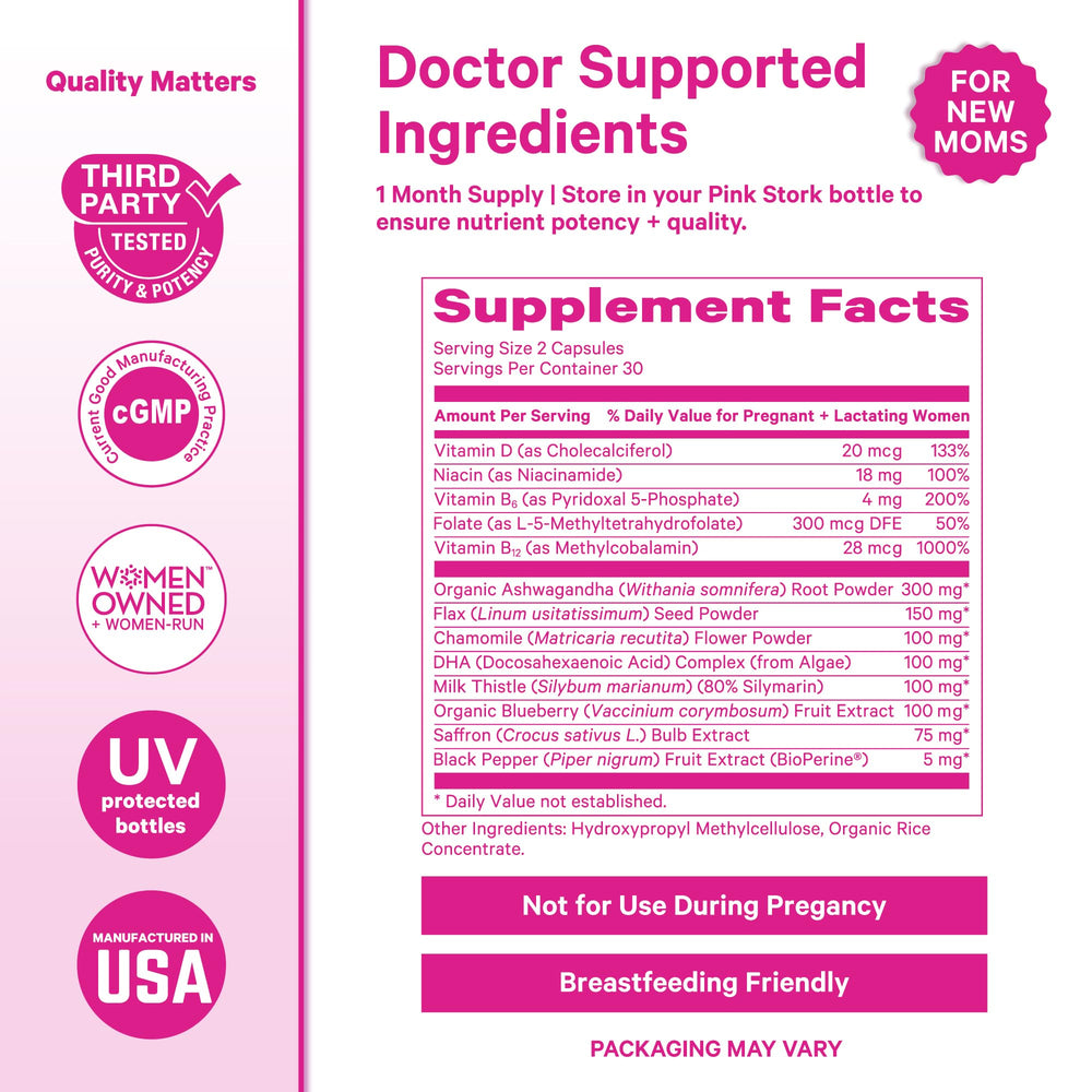 Vitamin D and B-complex in Pink Stork mood support may help mood.