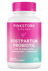 Pink Stork Postpartum Probiotics bottle shown for gut balance after childbirth