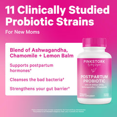 Pink Stork Postpartum Probiotics label close-up with probiotic details