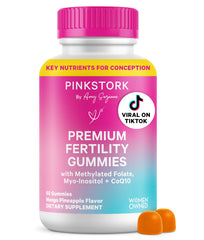 Pink Stork Premium Fertility Gummies bottle for daily reproductive rhythm support.
