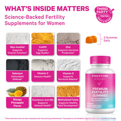 Pink Stork gummies poured to show mango pineapple flavor and daily nutrition.
