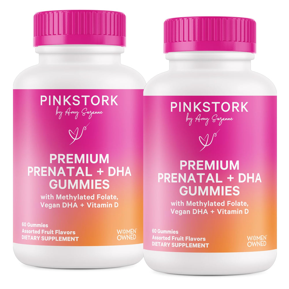 Pink Stork Premium Prenatal Gummies bottle front for easy daily use