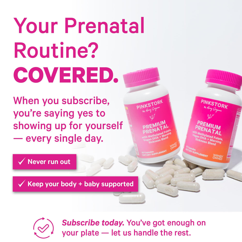 Pink Stork Premium Prenatal organic ingredients in a glass bowl with kale and barley grass