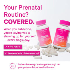 Pink Stork Premium Prenatal organic ingredients in a glass bowl with kale and barley grass