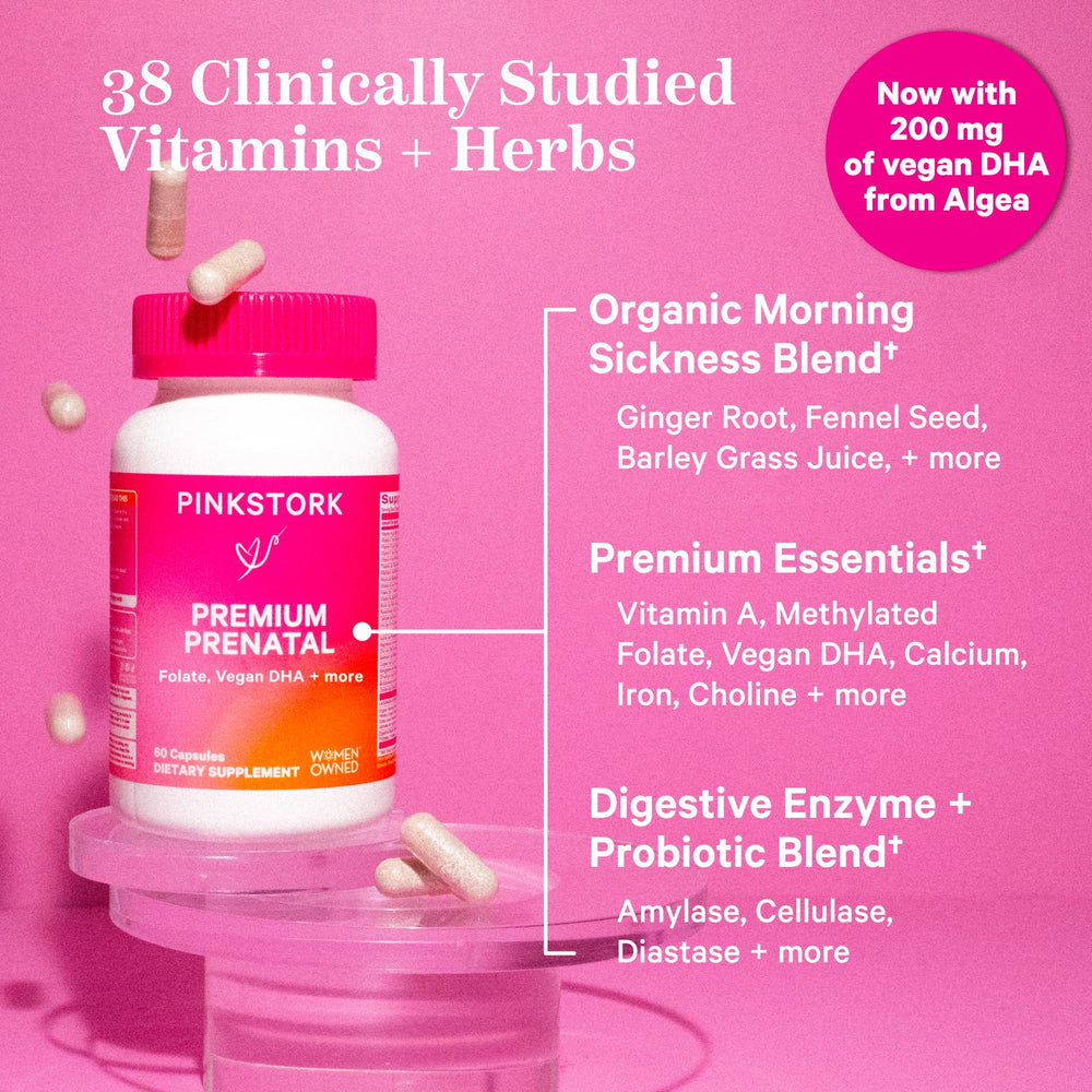 Pink Stork Premium Prenatal packaging label emphasizing clean formula
