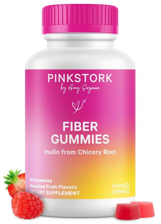 Pink Stork Prenatal Fiber Gummies bottle showing 60 vegan chews for gut health