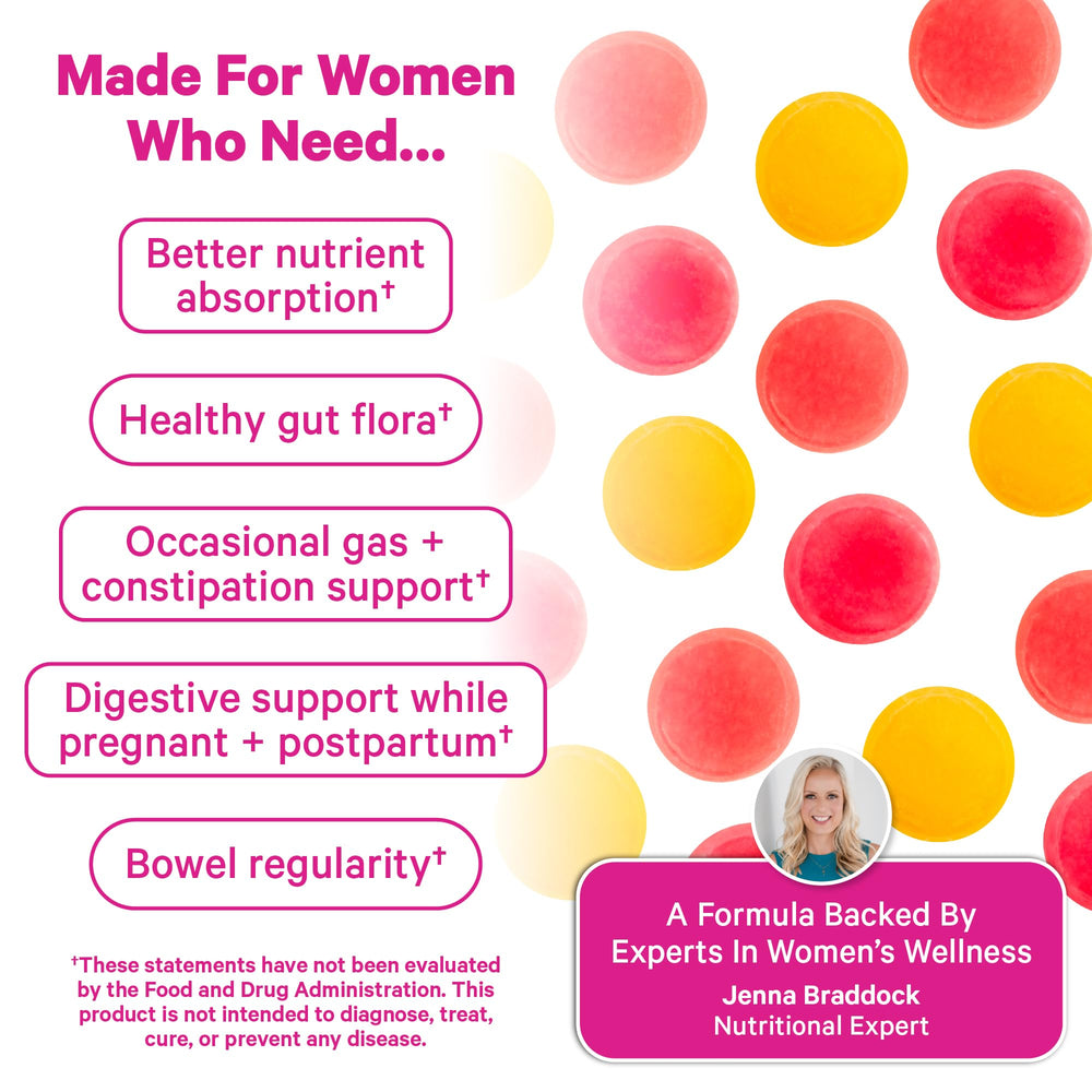 Two Pink Stork Prenatal Fiber Gummies beside a glass of water for daily fiber routine