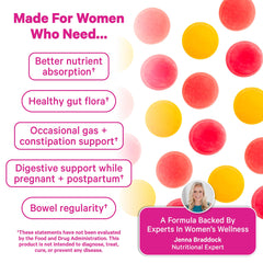 Two Pink Stork Prenatal Fiber Gummies beside a glass of water for daily fiber routine