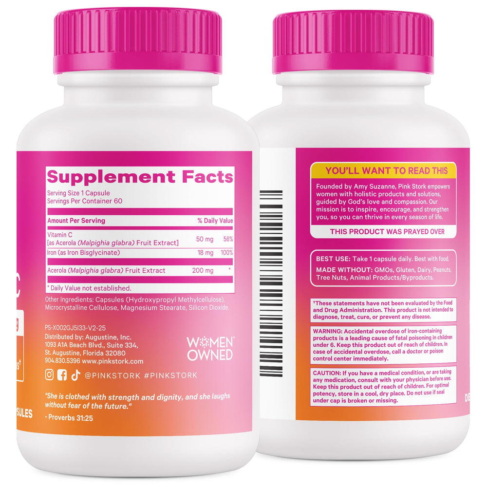 Pink Stork Prenatal Iron bottle beside a 4 month supply guide supports planning