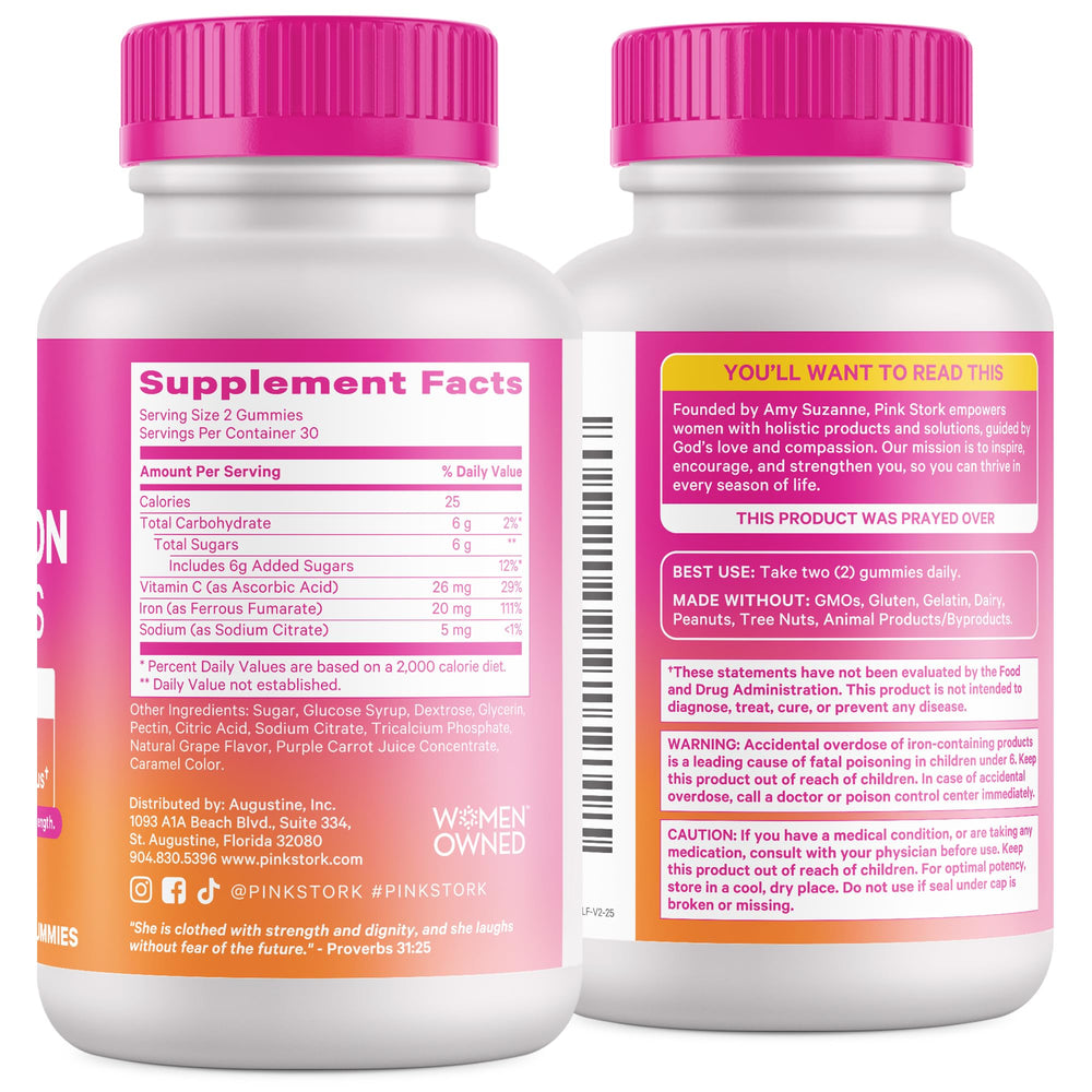 Pink Stork iron gummies with vitamin C designed to support absorption.