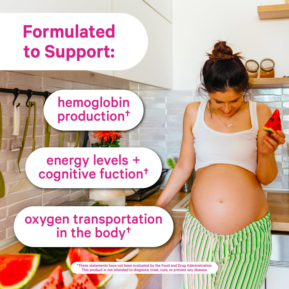 Pink Stork Prenatal Iron label close-up showing 18 mg per capsule for iron intake
