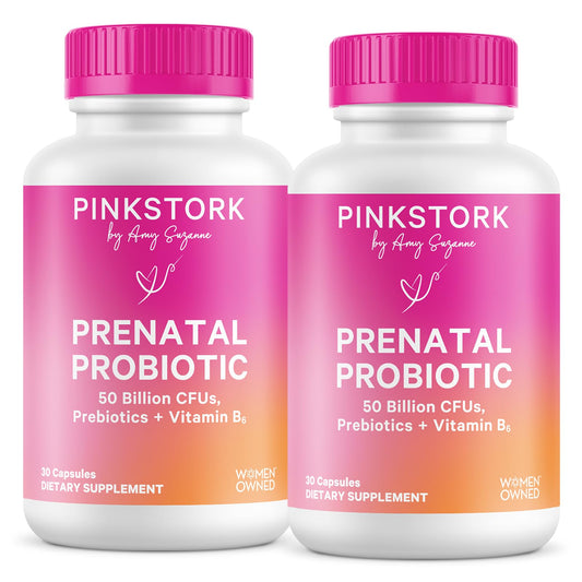Pink Stork Prenatal Probiotic bottle promoting gut balance during pregnancy