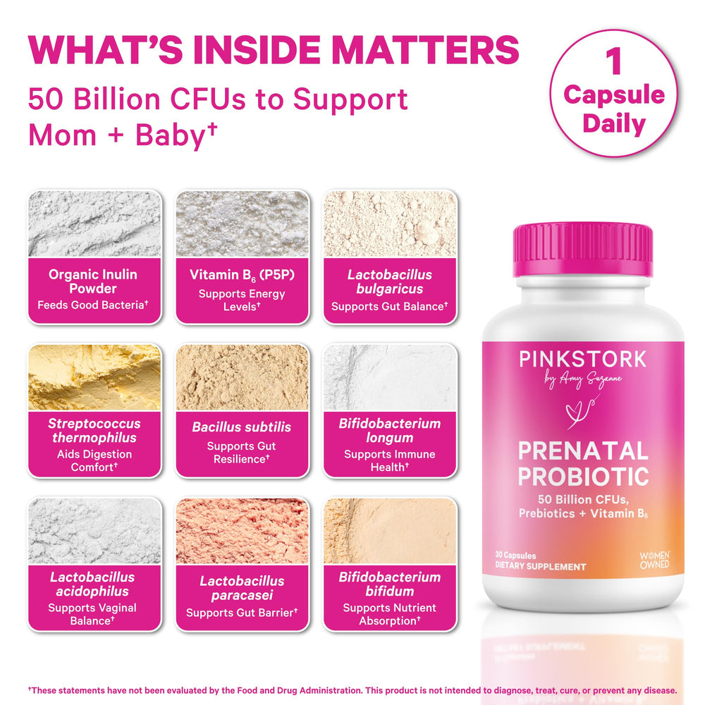 Close-up of Pink Stork Prenatal Probiotic capsules for daily digestive support