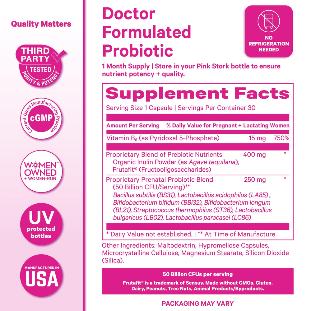 Pink Stork Prenatal Probiotic no refrigeration needed for easy at-home or on-the-go use.