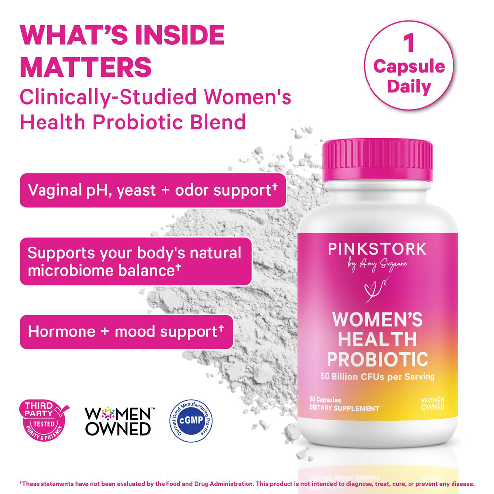 Pink Stork probiotic capsule closeup highlighting digestive support
