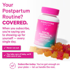 Pink Stork Total Postnatal Gummies shown in breastfeeding context