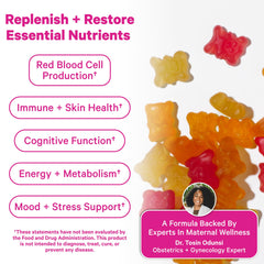 Pink Stork Total Postnatal Gummies ingredient close up highlighting folic acid and biotin