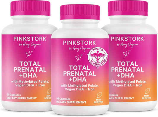 Pink Stork Total Prenatal DHA bottle for all-in-one pregnancy nutrition.