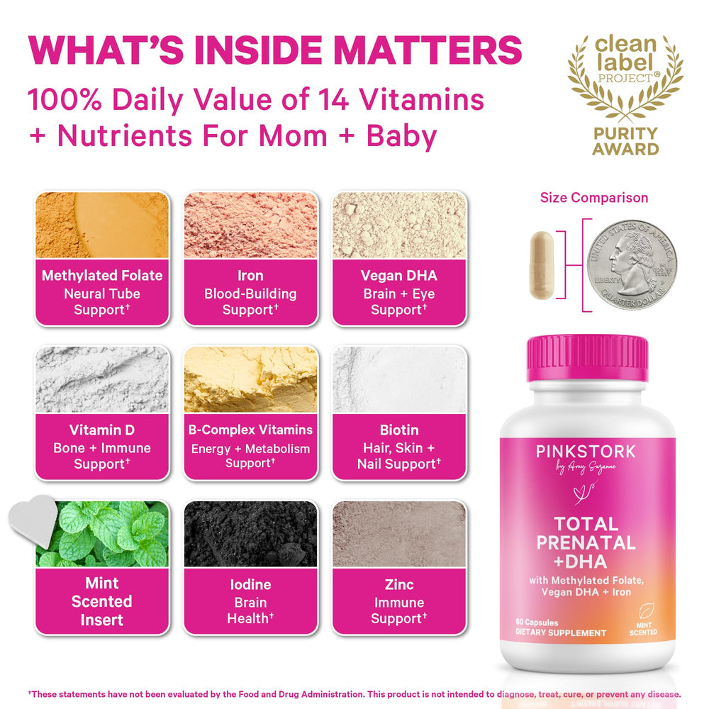 Pink Stork Total Prenatal Folate bottle highlighting bioavailable folate for preconception health.
