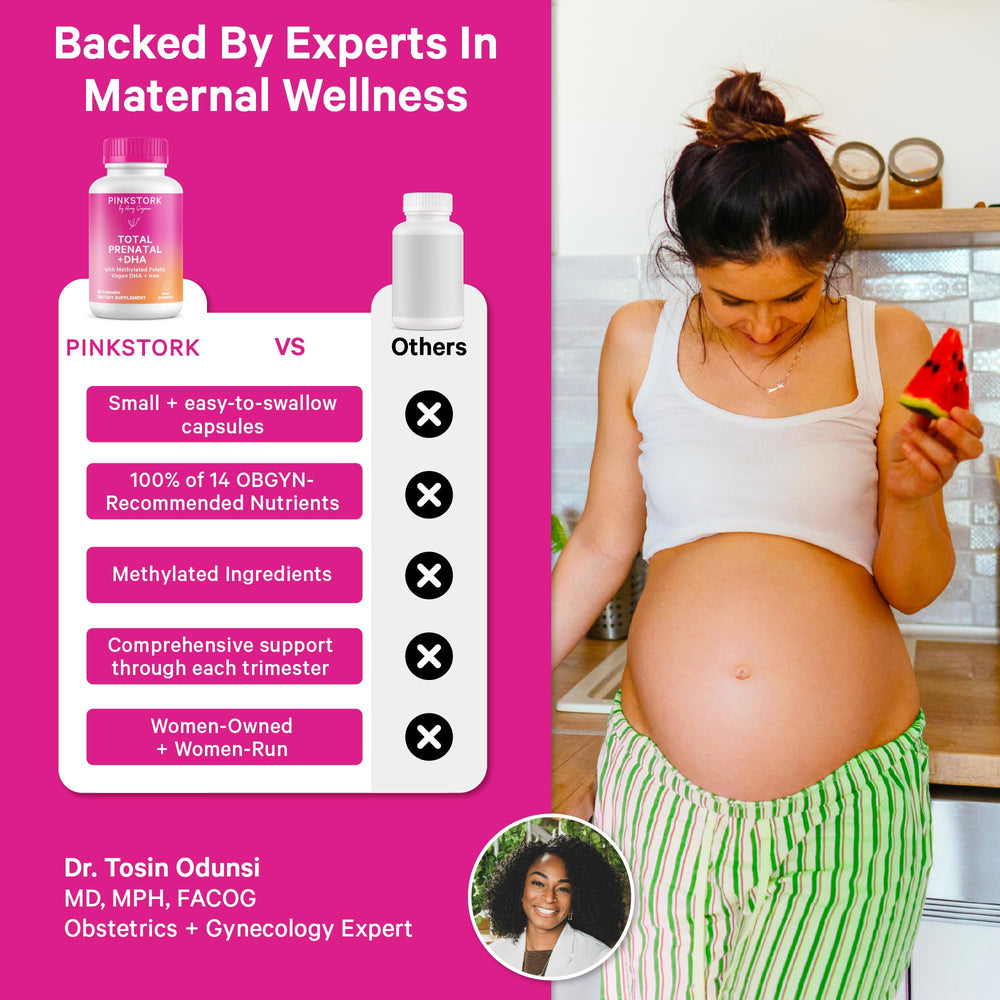 Pink Stork Total Prenatal Iron bottle featuring non-constipating iron for energy support.