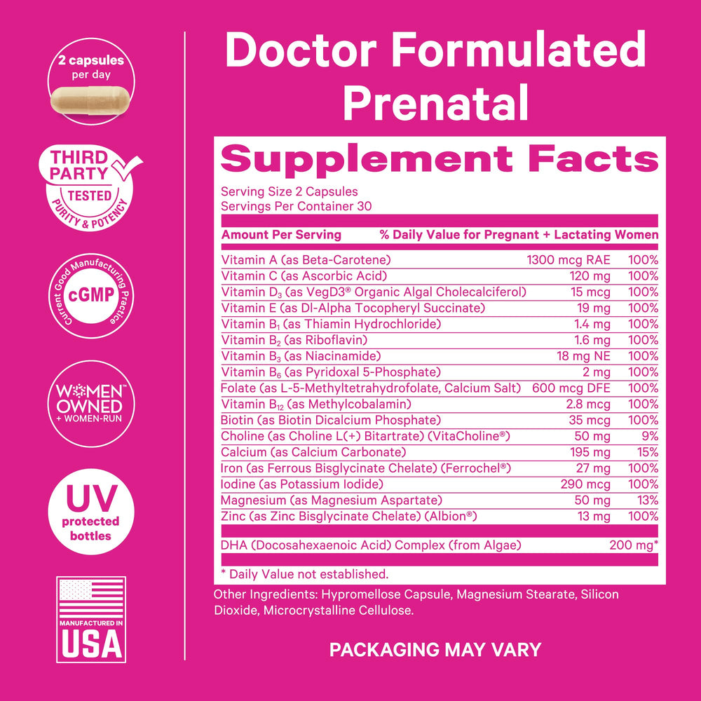 Pink Stork prenatal nutrition label emphasizing 14 essential nutrients.