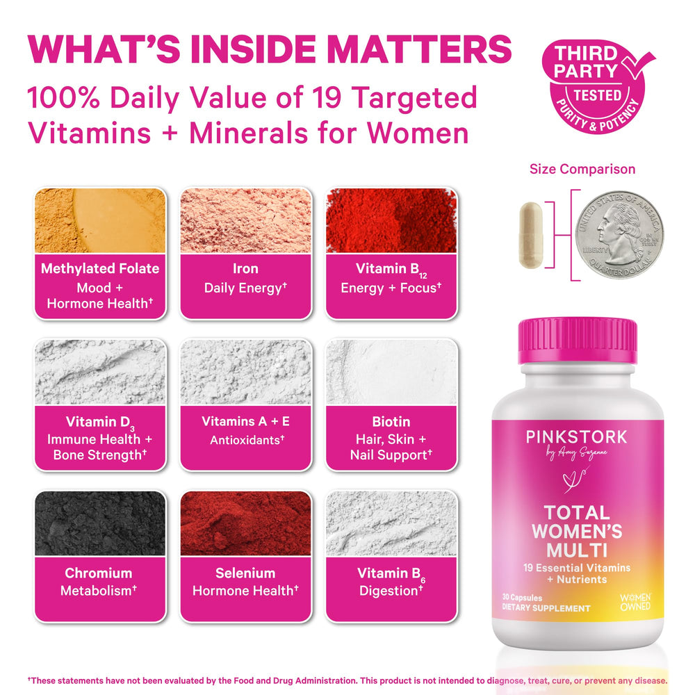Pink Stork Total Women's Multivitamin bottle back shows minerals and label details