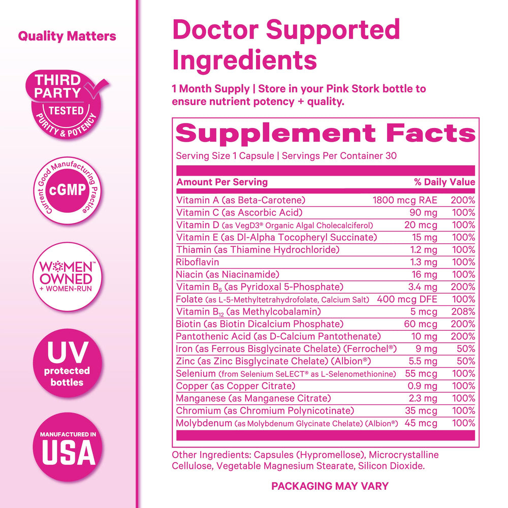 Pink Stork Total Women's Multivitamin bottle in kitchen for a simple daily routine