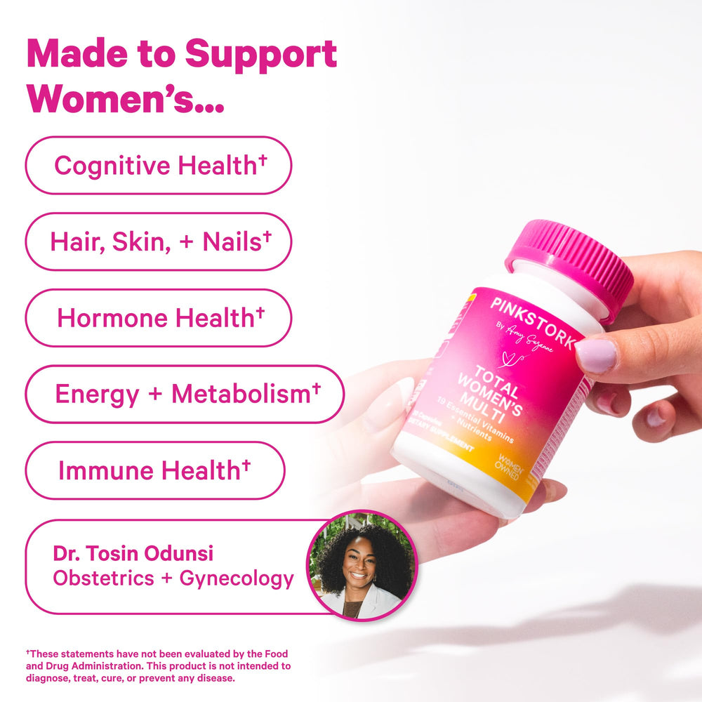 Pink Stork Total Women's Multivitamin capsules close-up for easy daily intake