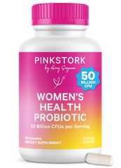 Pink Stork Women's Health Probiotic bottle pour with 50B CFU per capsule