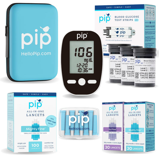 Pip glucometer display shows clear results for at-home testing.