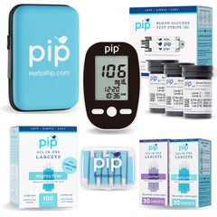 Pip glucometer display shows clear results for at-home testing.