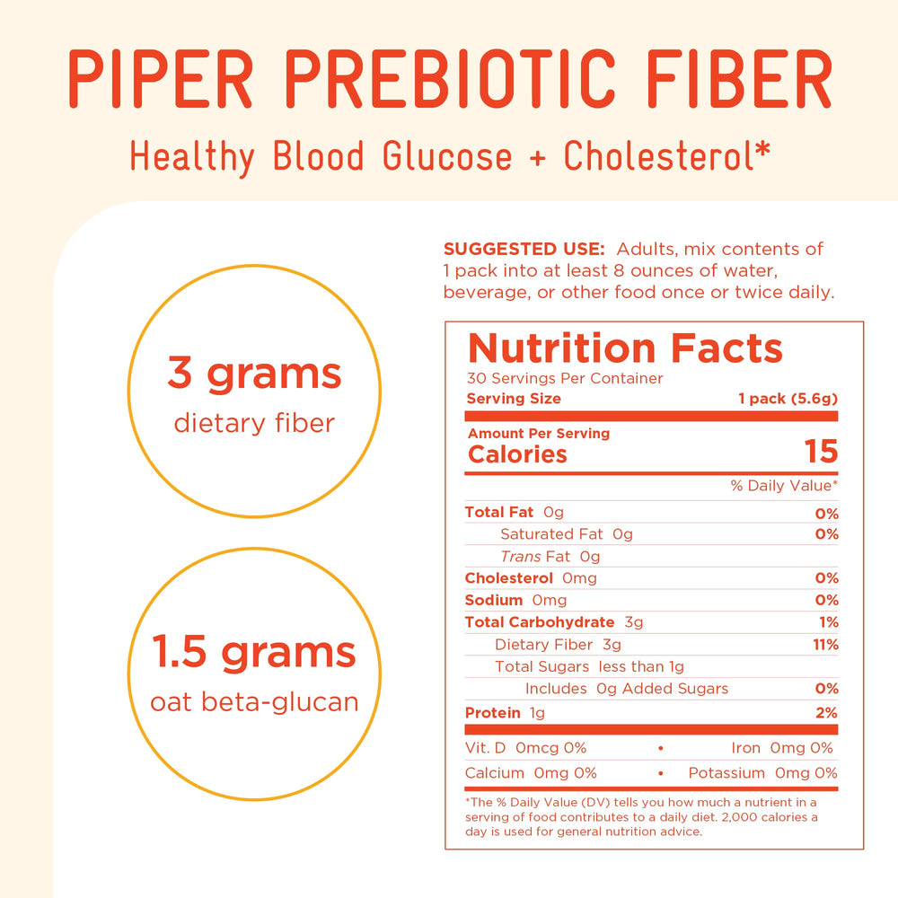 Morning routine scene with Piper Prebiotic Fiber, spoon, oats and a glass of water