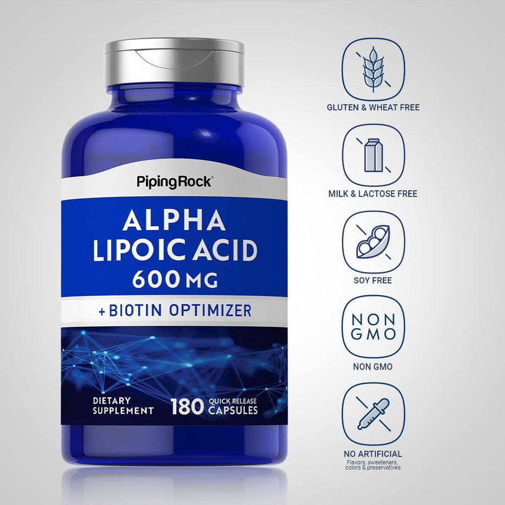 Piping Rock Alpha Lipoic Acid 600mg label close-up shows ingredients