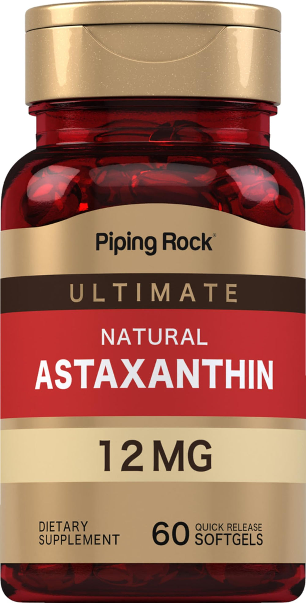 Piping Rock astaxanthin softgels in a 60-count bottle for daily antioxidant support.