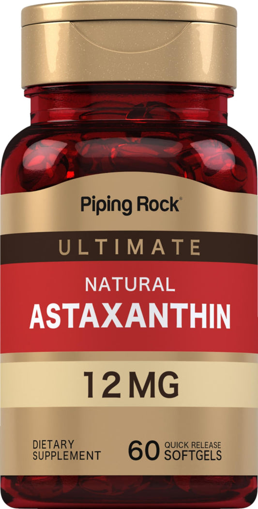 Piping Rock astaxanthin softgels in a 60-count bottle for daily antioxidant support.
