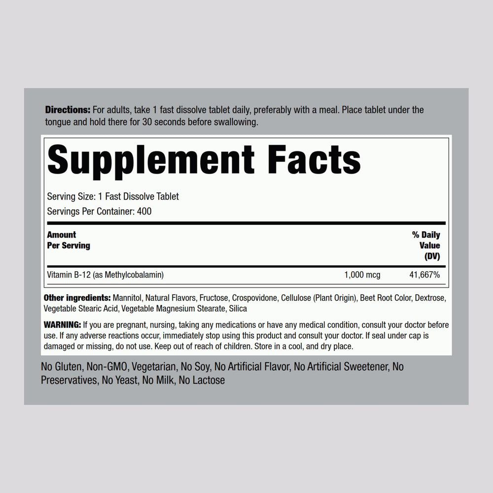Piping Rock methylcobalamin B12 active form highlighted in tablets.