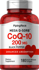 Piping Rock CoQ10 200mg softgel bottle with enhanced absorption.