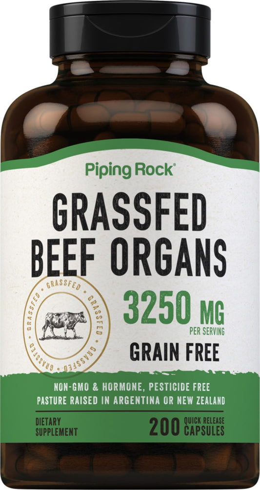 Piping Rock grass-fed beef organs bottle shows convenient nutrient-dense capsules for daily nutrition.