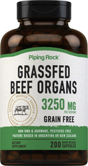Piping Rock grass-fed beef organs bottle shows convenient nutrient-dense capsules for daily nutrition.