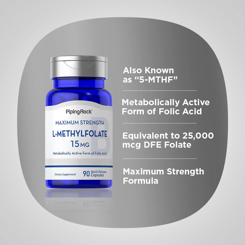 Piping Rock L-Methylfolate 15 mg packaging with gluten-free and non-GMO badges.