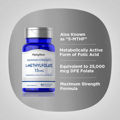 Piping Rock L-Methylfolate 15 mg packaging with gluten-free and non-GMO badges.