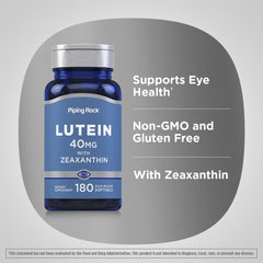 Piping Rock Lutein Zeaxanthin label confirms non-GMO and gluten-free quality.