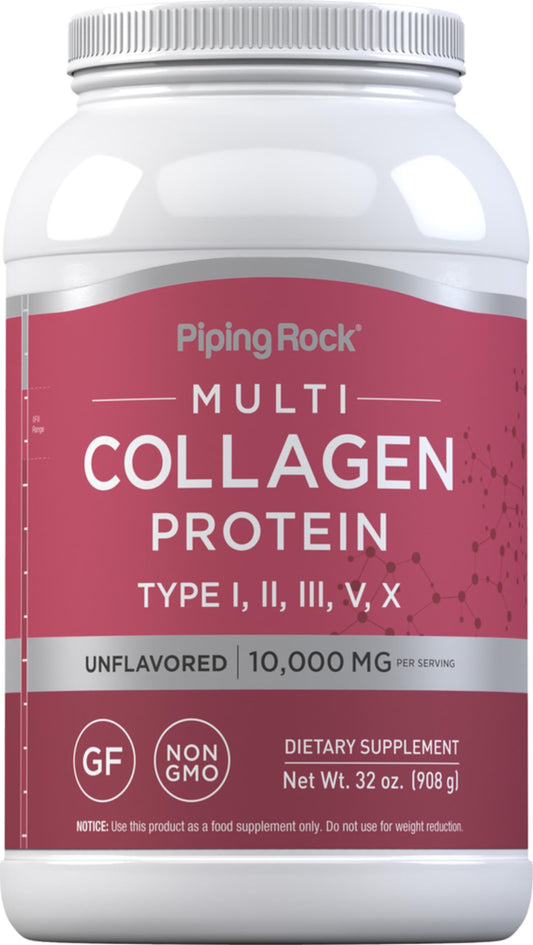Piping Rock multi collagen powder bottle for daily supplementation.