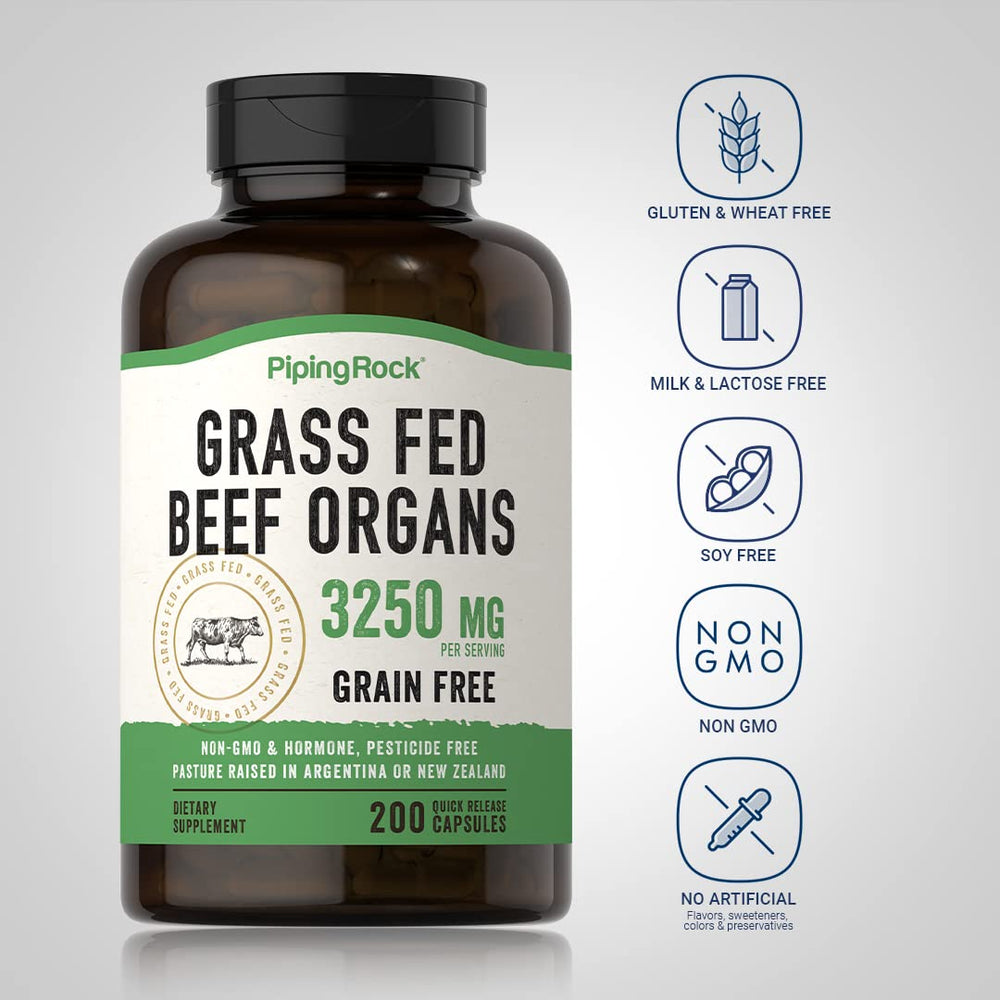 Piping Rock blend of liver, kidney, pancreas, heart, and spleen capsules delivering broad nutrient coverage.