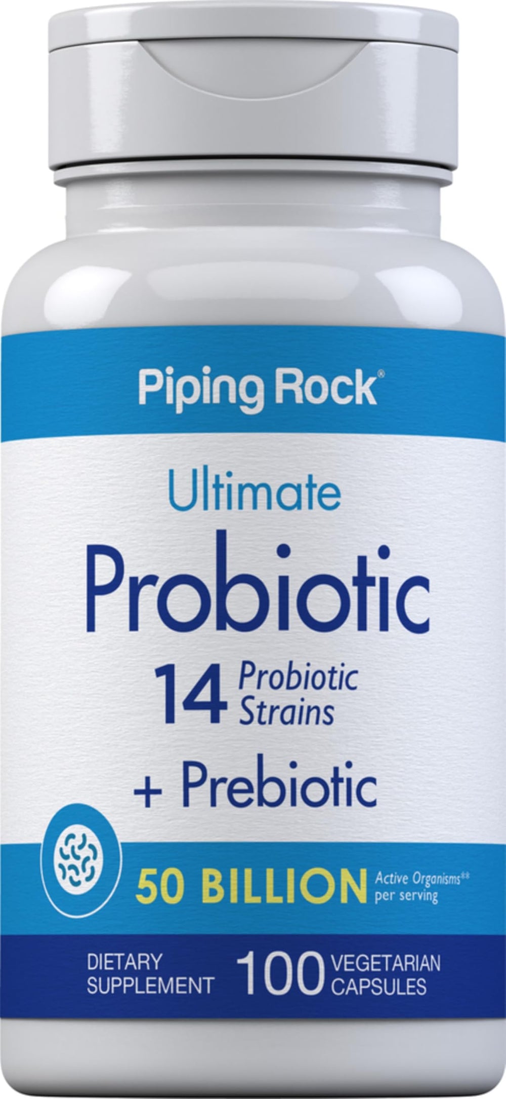 Piping Rock probiotic bottle with 50 billion CFU for daily gut balance support.