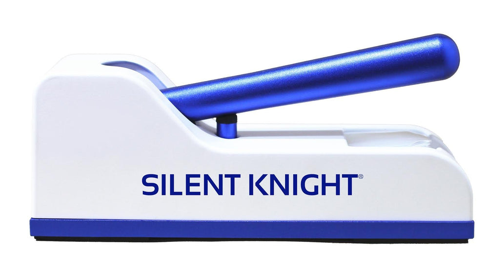 PIPROX Silent Knight Pill Crusher in blue and white with ergonomic handle for easy use.