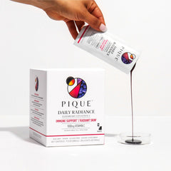 PIQUE no refined sugar badge on sachet packaging