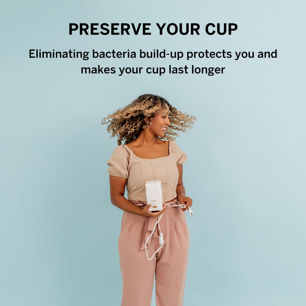 Pixie Cup steam cleaner BPA-free label highlighting chemical-free cleaning.