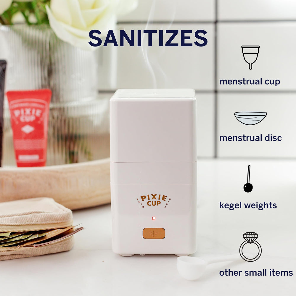 Pixie Cup steam cleaner in use sterilizing a menstrual cup quickly.